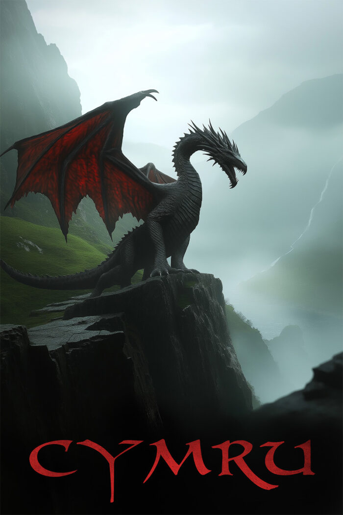 product-image Fantasy art poster print. A black dragon with red wings stands on a cliff; CYMRU is written below in red letters. Available in A1 to A4 sizes.