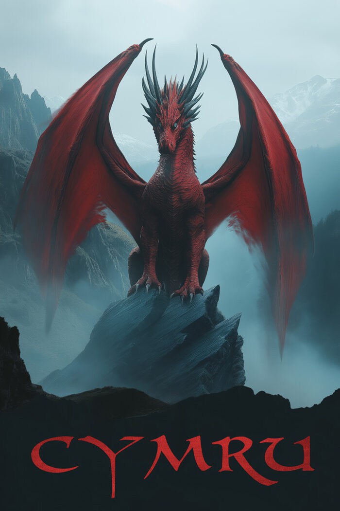 Fantasy art poster print. A fierce red dragon with spread wings sits on a rocky peak; CYMRU is written below in bold red text. Available in A1 to A4 sizes.